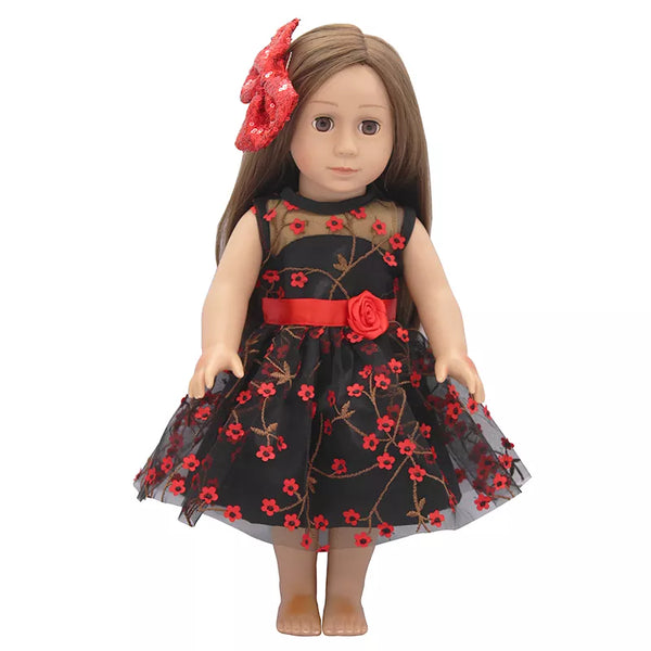 Lil' Me Clothes - 18"/46 Black Dress with Red Flower Belt Dolly Couture